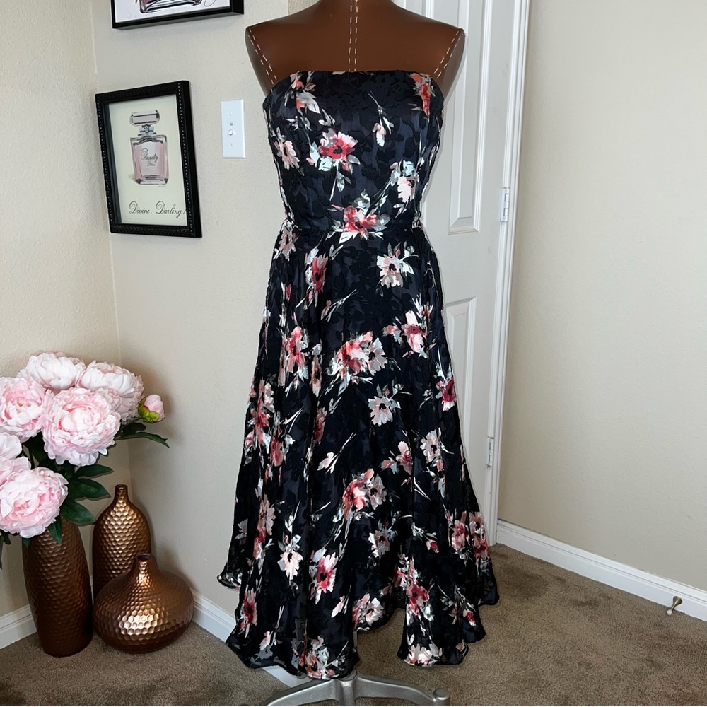 White House Black Market Strapless Black and Pink Floral Dress